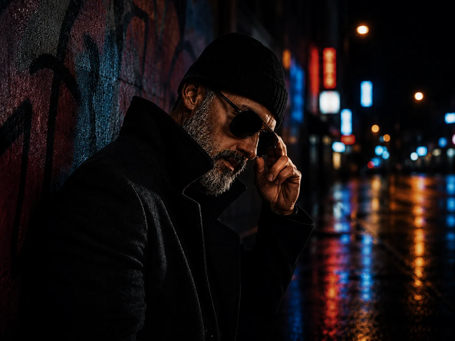 Man in a dark coat leaning against a wall, with blurred city lights visible to the side at night