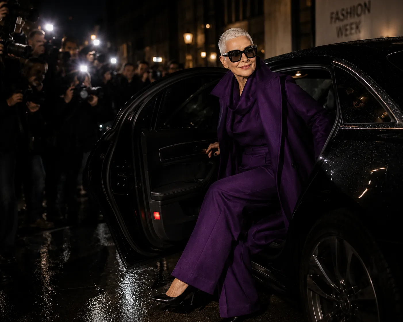Older woman in a violet suit stepping out of a black car as photographers gather outside Fashion Week