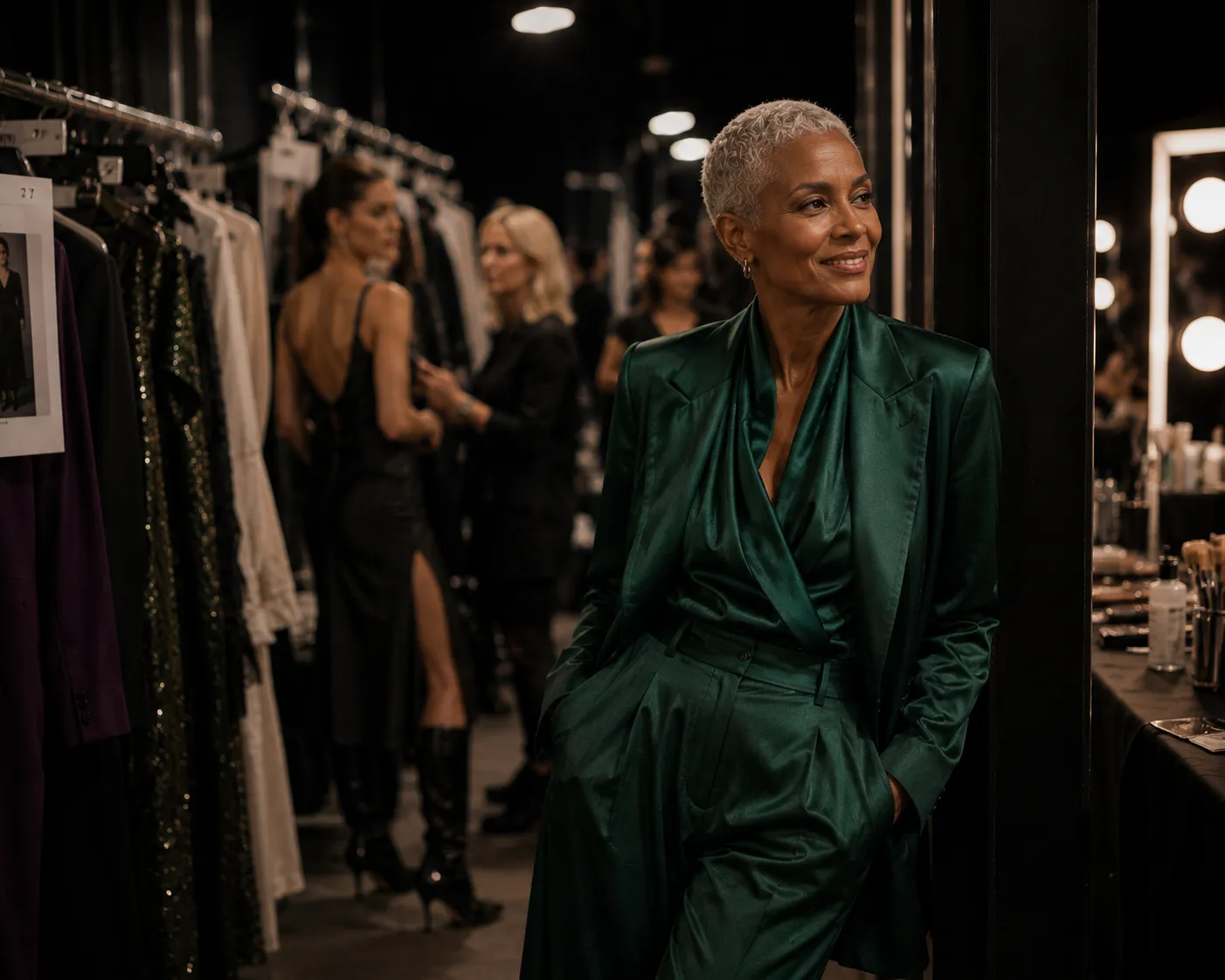 Elegant older woman in an emerald satin suit standing backstage at a fashion show
