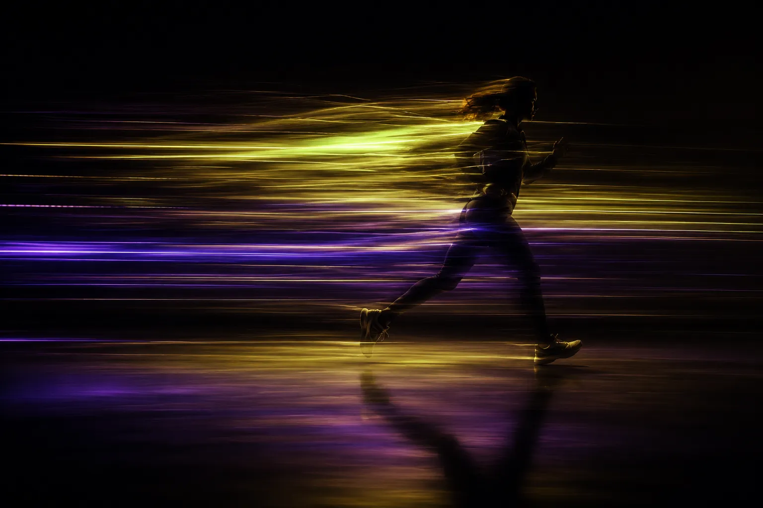 Silhouette of a woman running through violet and yellow light trails reflected on a dark surface