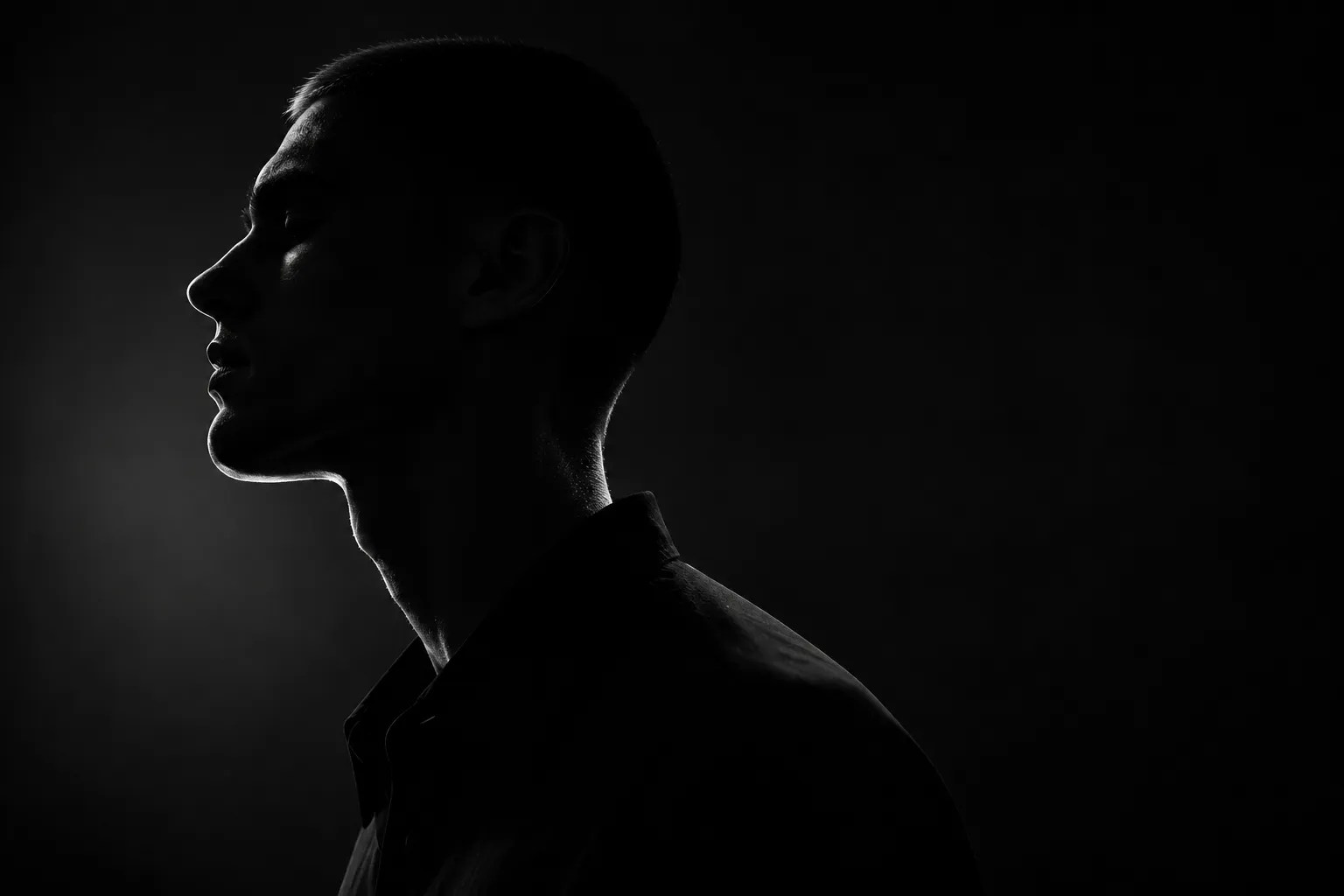 Side-profile silhouette of a man illuminated by narrow rim lighting