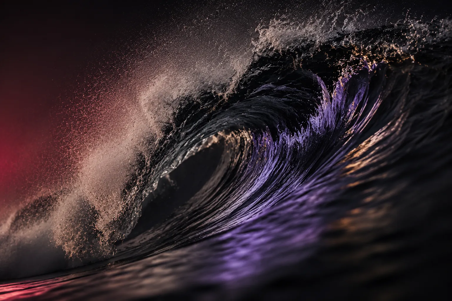 Powerful ocean wave illuminated with violet and crimson highlights against a dark background