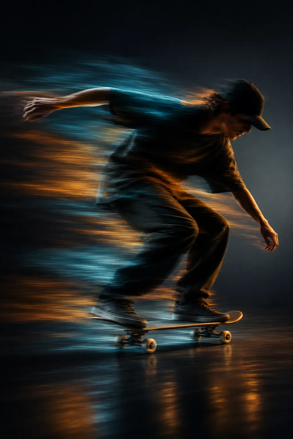 Skateboarder in motion surrounded by teal and amber light trails on a reflective floor