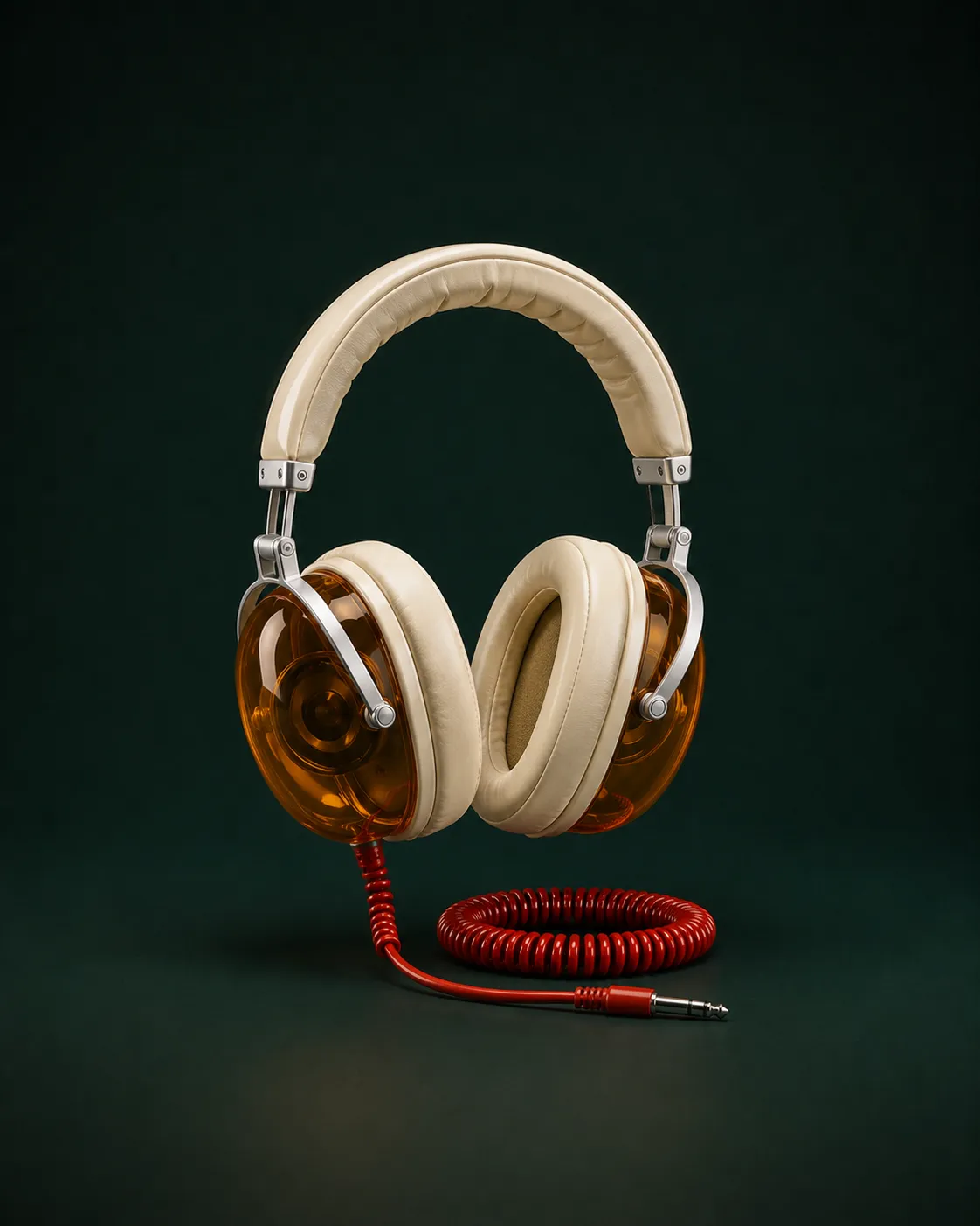 Retro cream headphones with amber ear cups and a coiled red cable