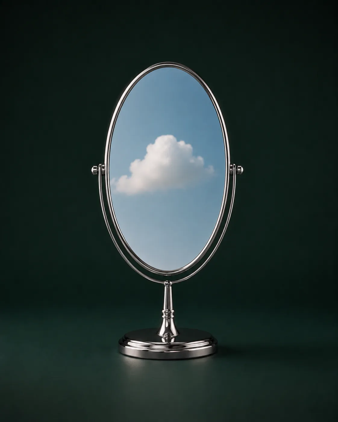 Oval tabletop mirror reflecting a white cloud in a blue sky