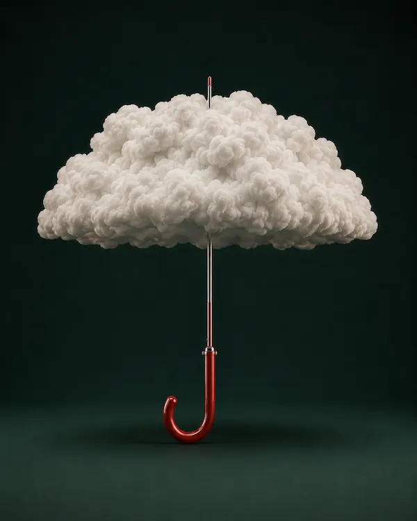 Surreal umbrella formed from a white cloud with a red curved handle