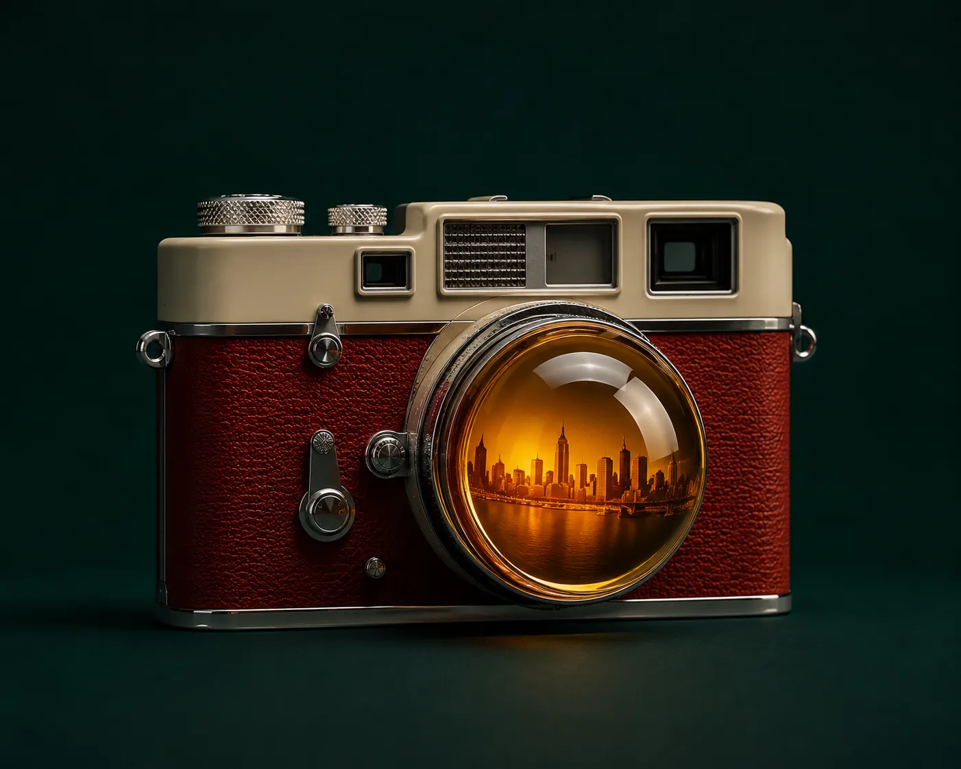 Retro camera with a red leather body and an amber lens reflecting a city skyline