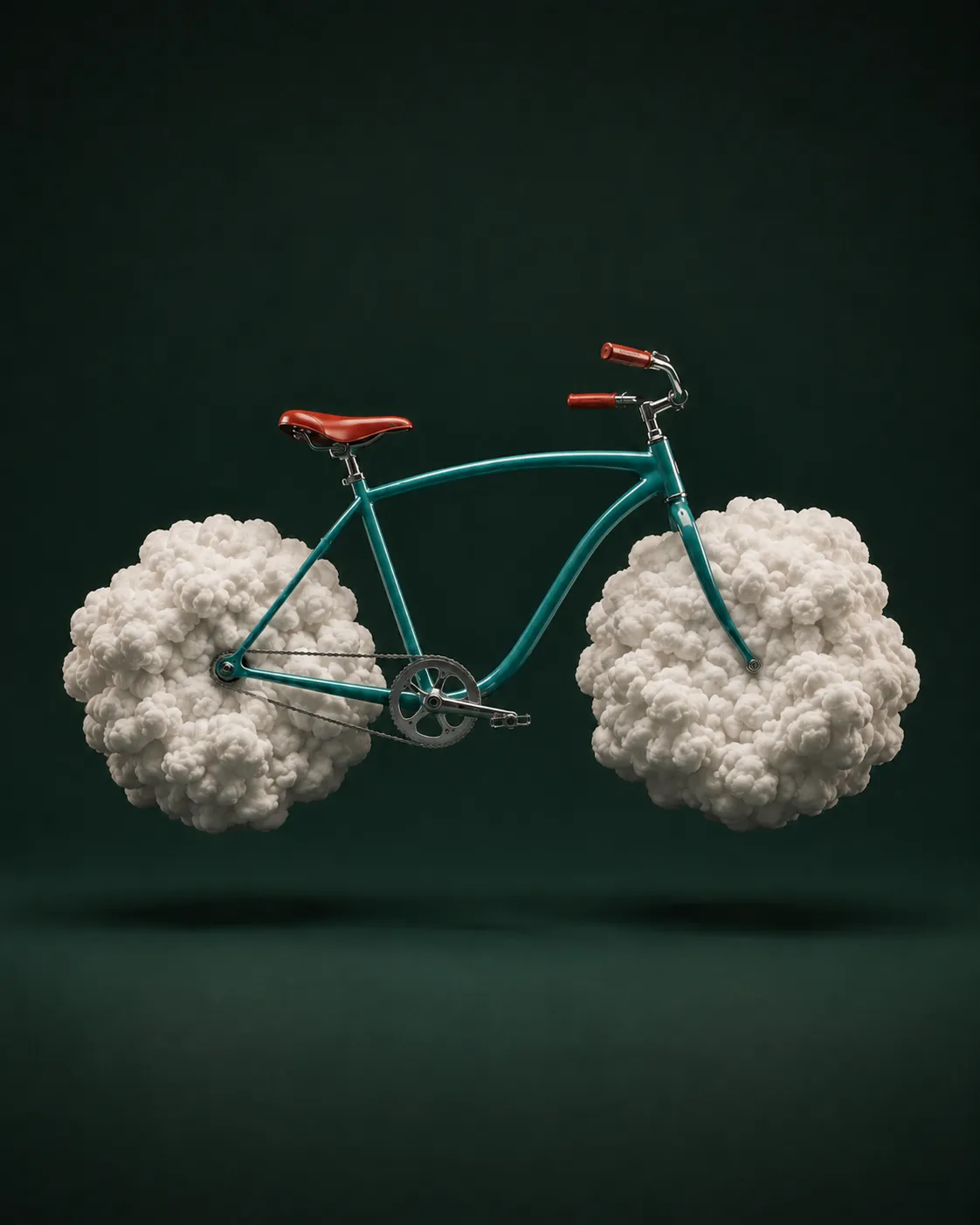Teal bicycle with red details and oversized cloud-shaped wheels