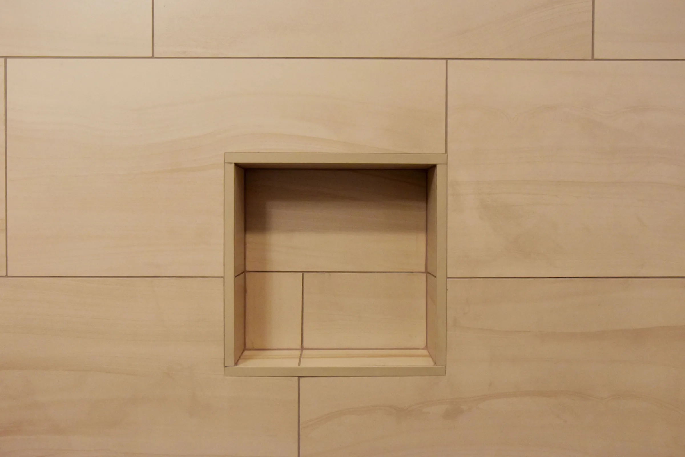 Gateway bathroom tiled shower niche set in large-format wood-look tile