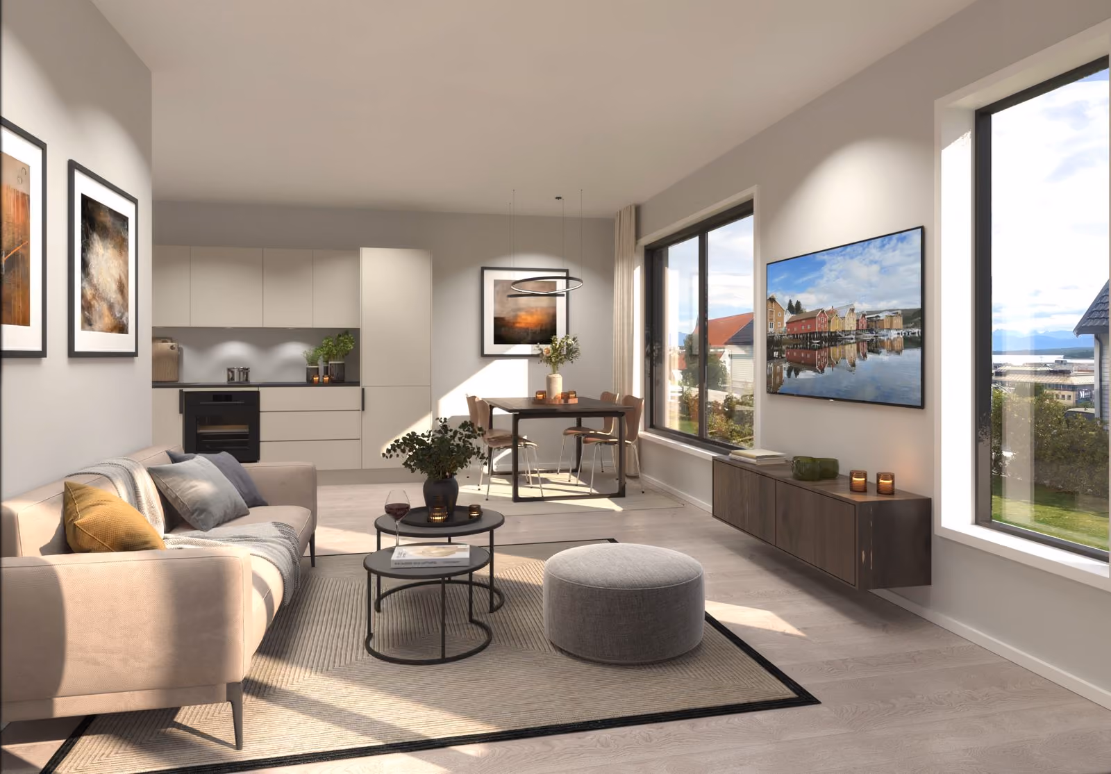 Bright modern living room with beige sofa, round tables, gray ottoman, dining area, and large windows.