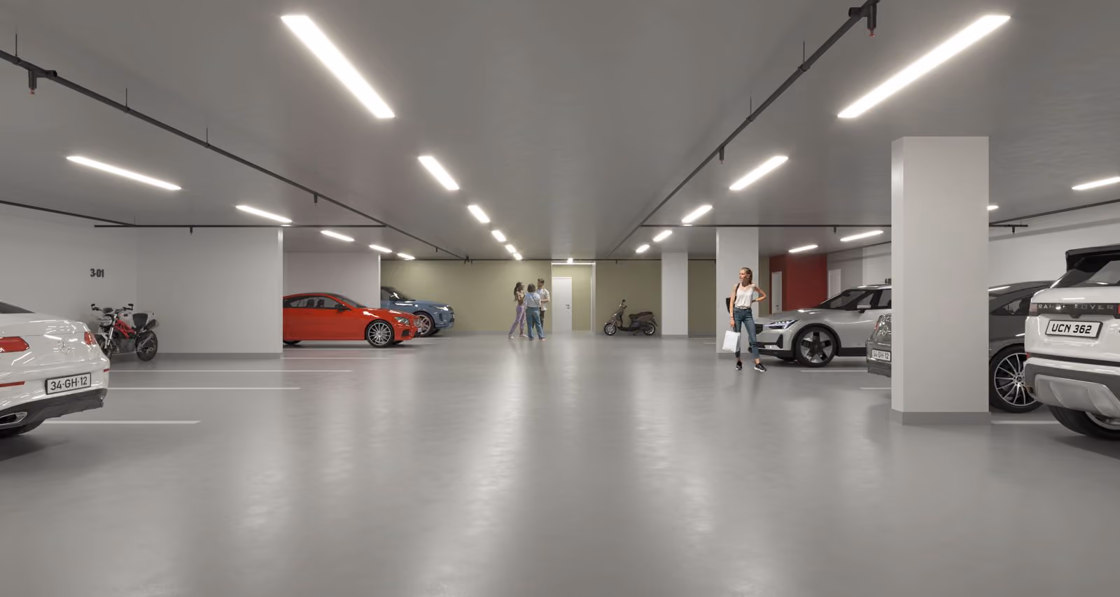 Bright underground parking garage with cars, motorcycles, and people walking inside.
