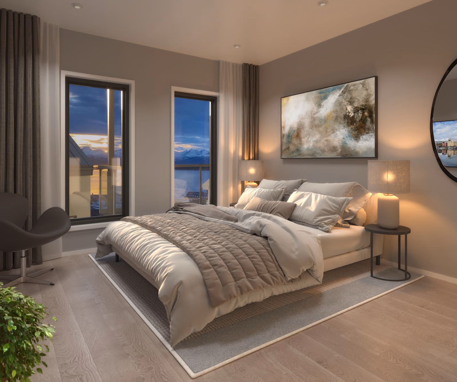 Modern bedroom with large bed, neutral bedding, two bedside lamps, abstract art, and windows showing dusk sky.
