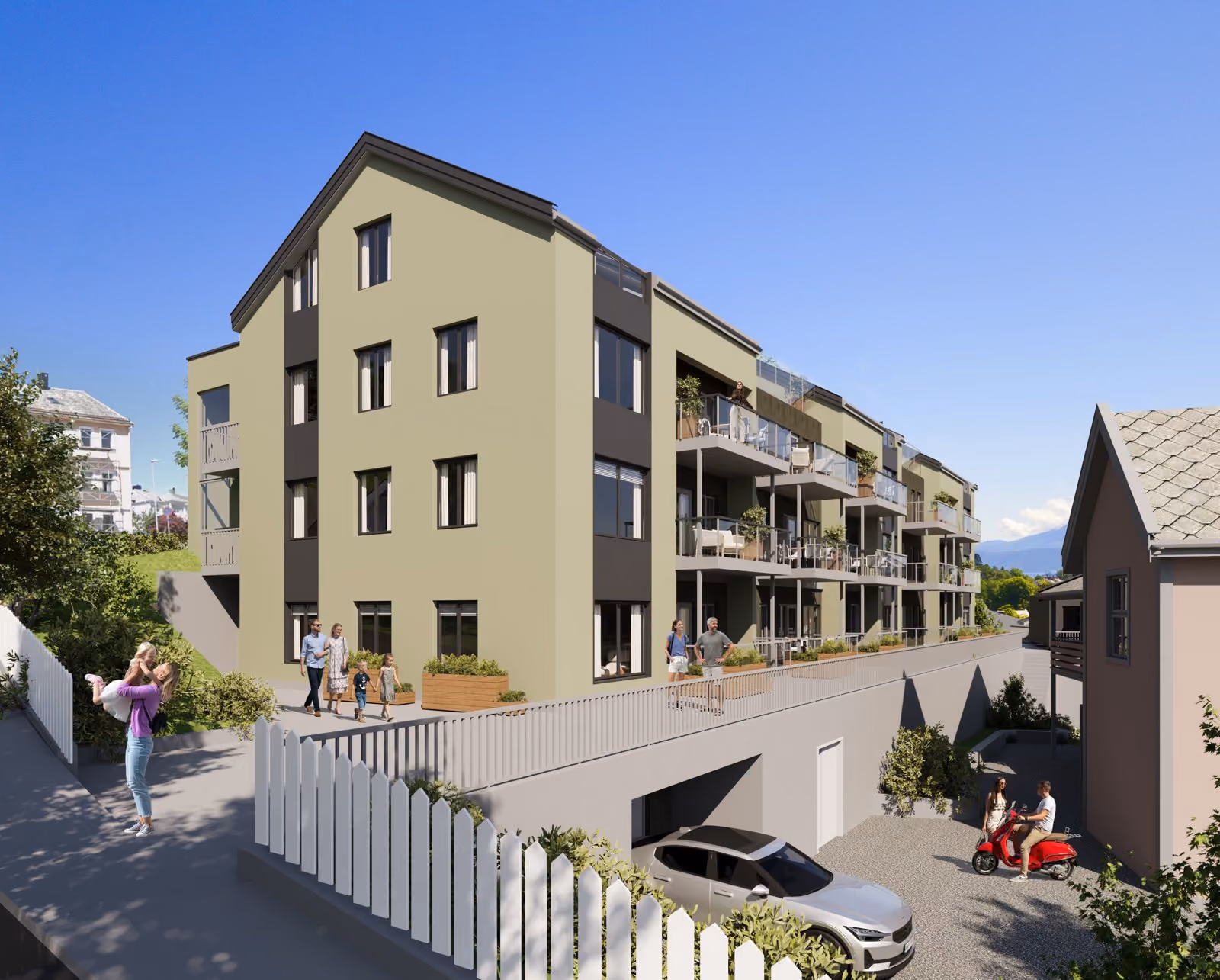 Modern apartment building with balconies, people walking, car parked, and scooter with two riders.