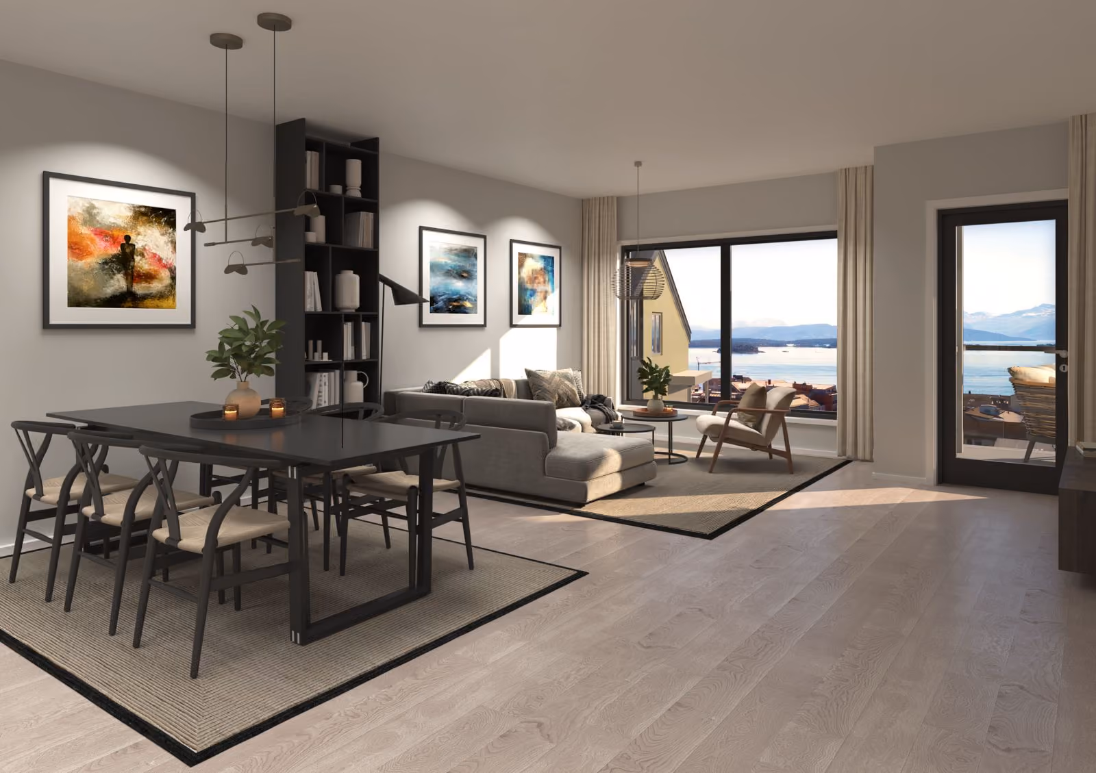 Modern living room and dining area with large window showing sea view and mountains in the distance.