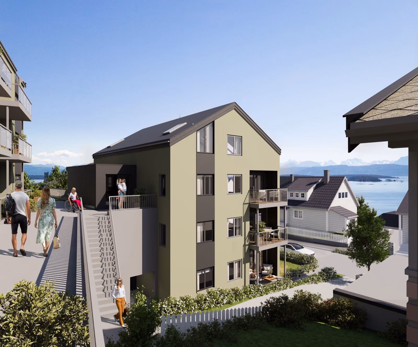 Modern three-story residential building with balconies near waterfront and people walking and standing outside.