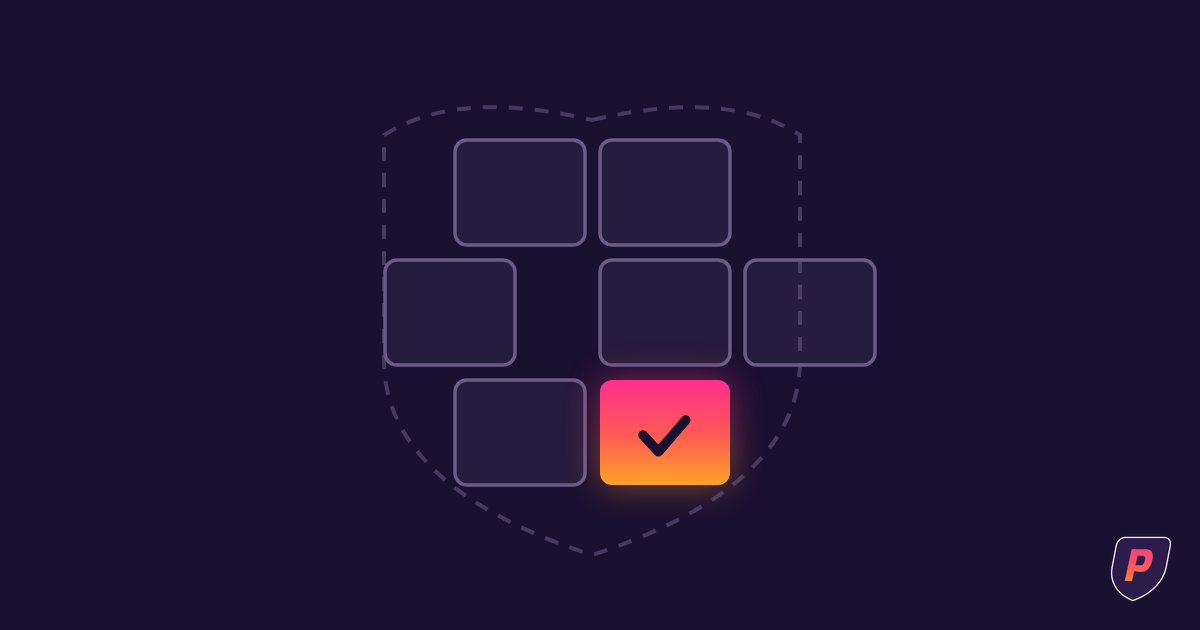 Illustration of a shield assembled from six document panels, one highlighted in sunset gradient with a checkmark