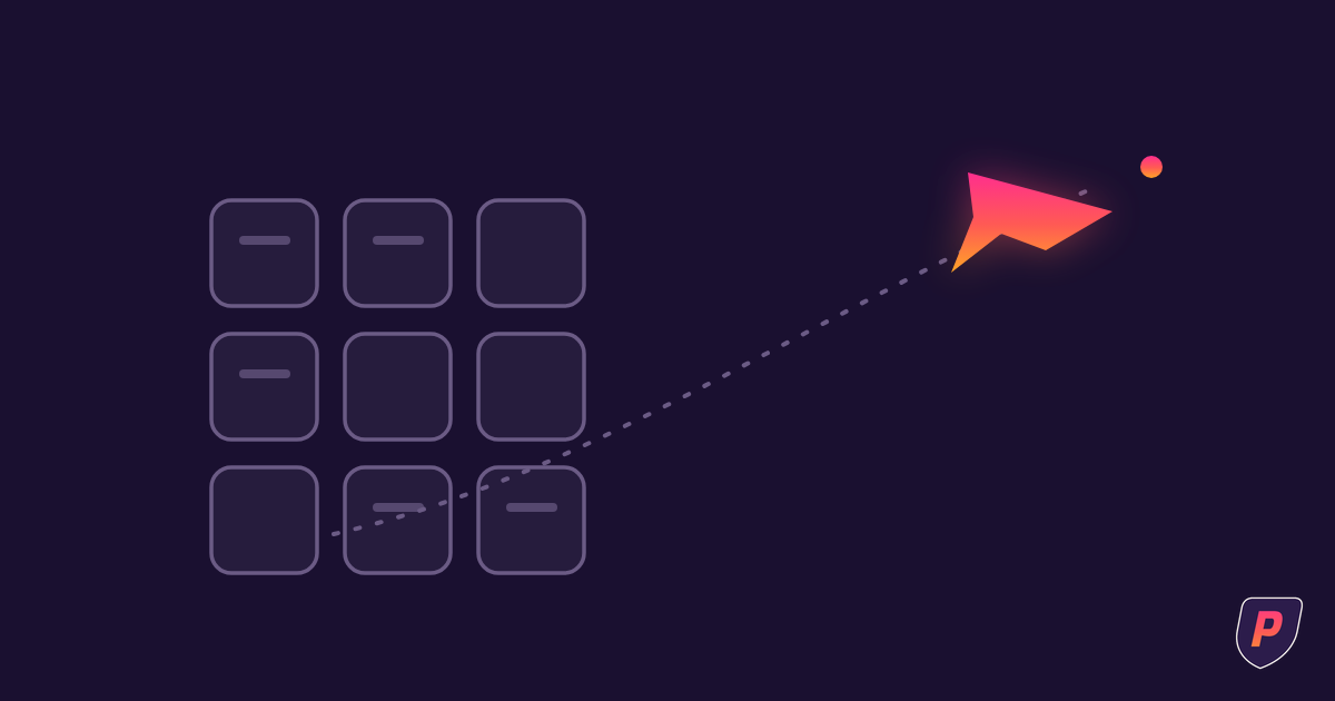 Illustration of a sunset-gradient jet climbing a dashed flight path over a grid of operations tiles