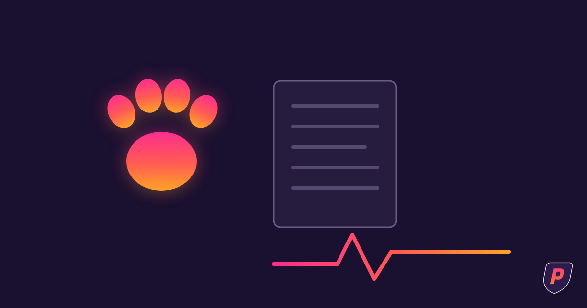 Illustration of a sunset-gradient paw print beside a clinical note tile and a heartbeat pulse line