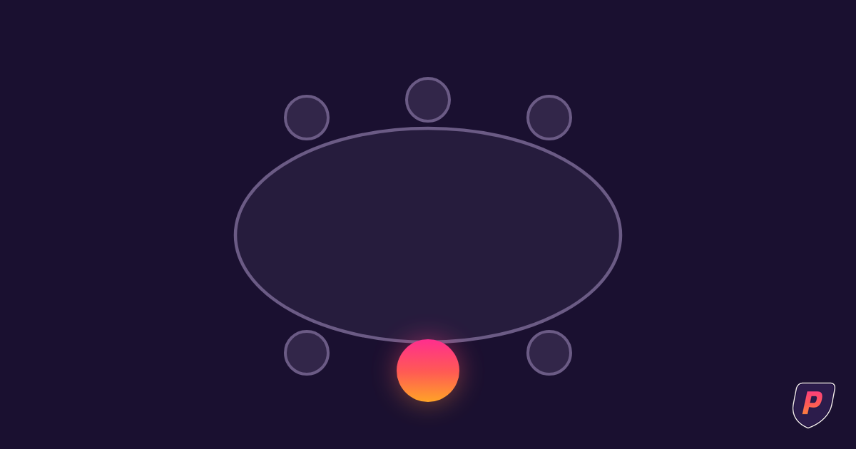 Illustration of a conference table viewed from above with five purple seats and one glowing sunset-gradient seat