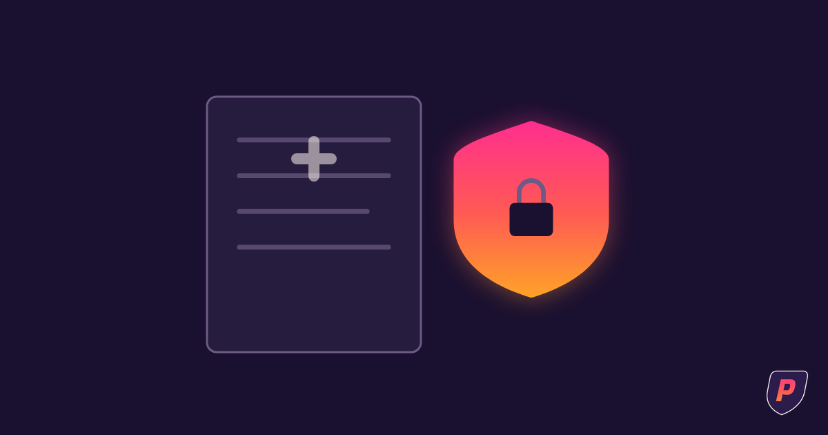 Illustration of a medical chart with a cross symbol protected by an overlapping sunset gradient shield with a padlock
