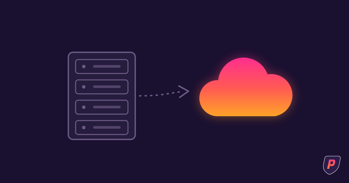 Illustration of a server rack connected by a dotted arrow to a glowing sunset gradient cloud