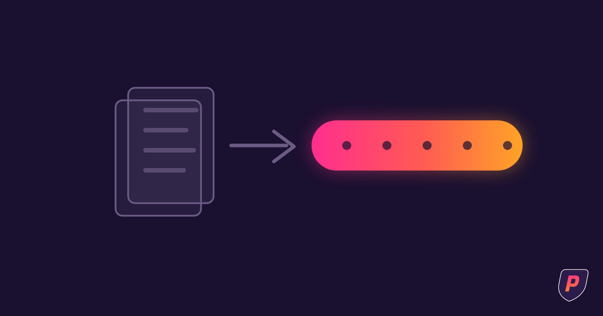Illustration of a stack of paper documents flowing through an arrow into a glowing sunset-gradient pipeline