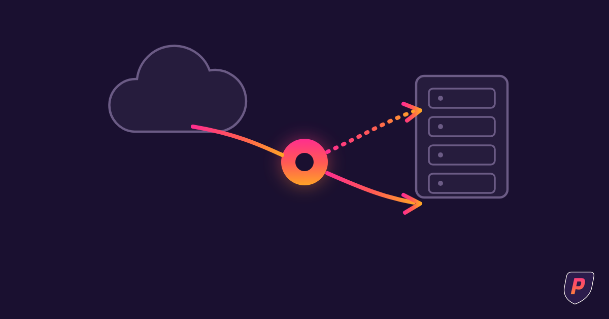 Illustration of a cloud shape and a server rack connected through a routing switch, with paths splitting between them