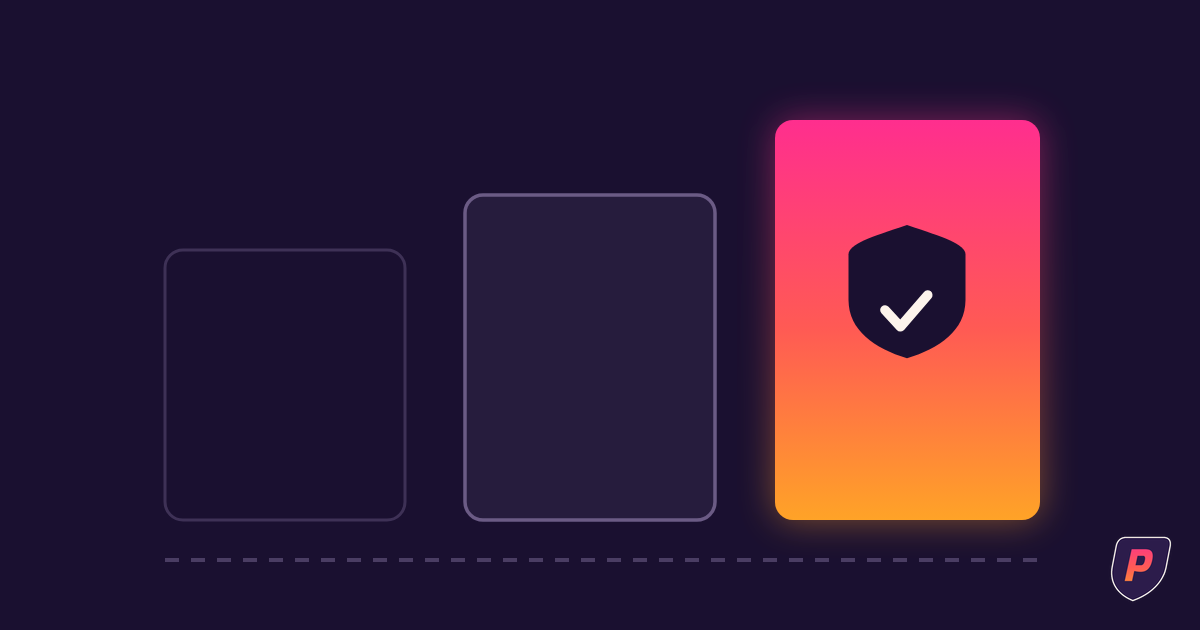 Illustration of three timeline panels growing from a faint outline to a bright sunset gradient panel bearing a shield