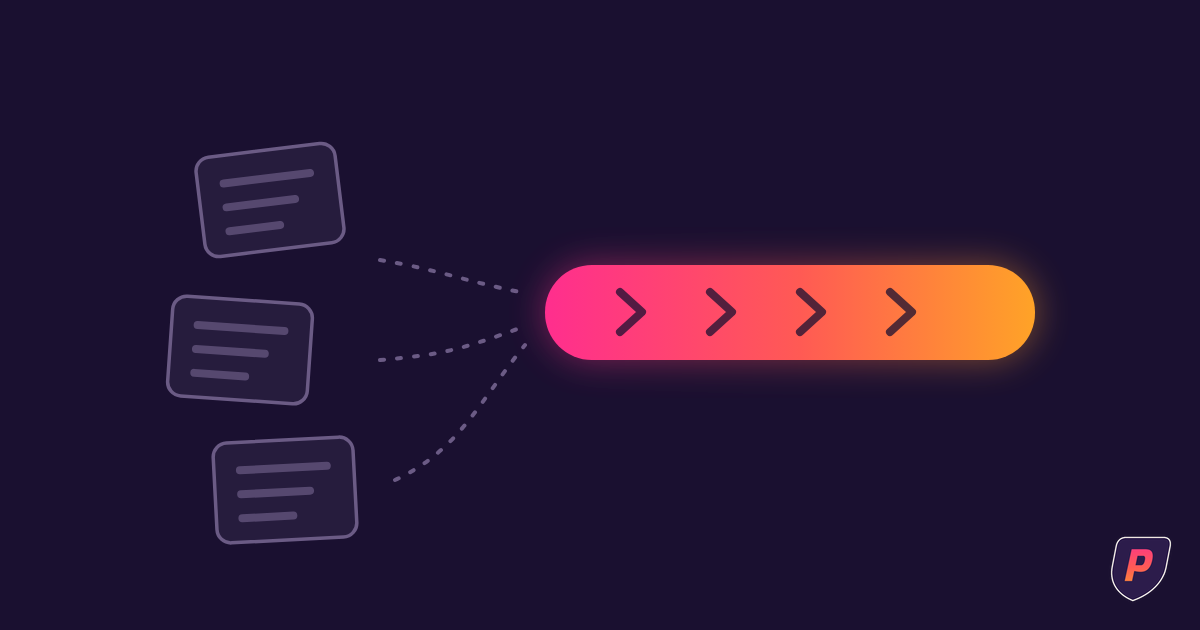 Illustration of three document cards flowing into a bright gradient pipeline moving rightward with pulse markers