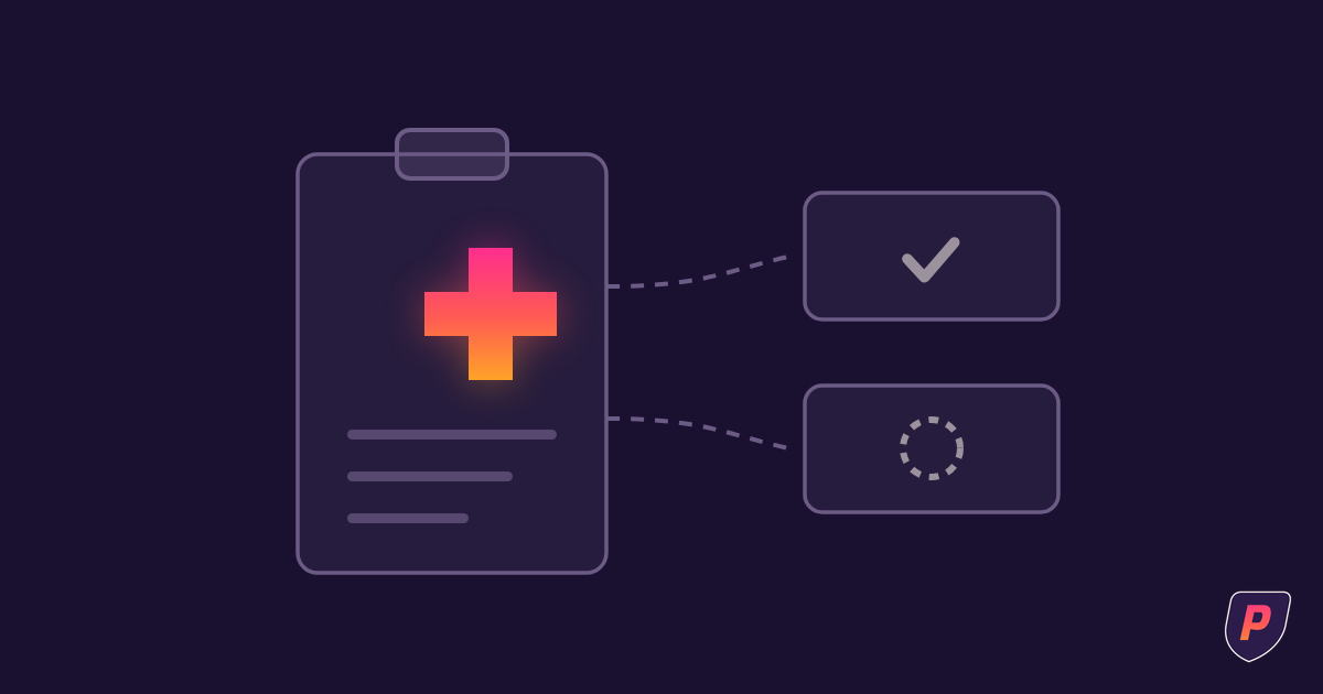 Illustration of a clipboard with a sunset-gradient medical cross feeding two automated workflow cards, one checked and one under review