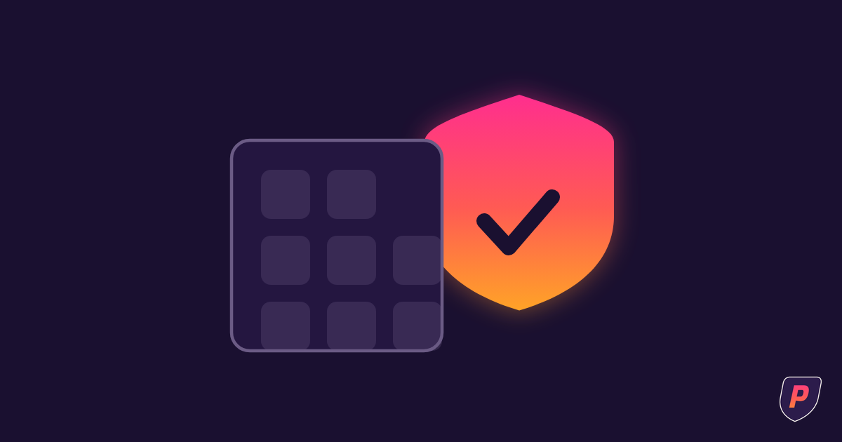 Illustration of an application tile with a large sunset gradient shield bearing a checkmark emerging from behind it