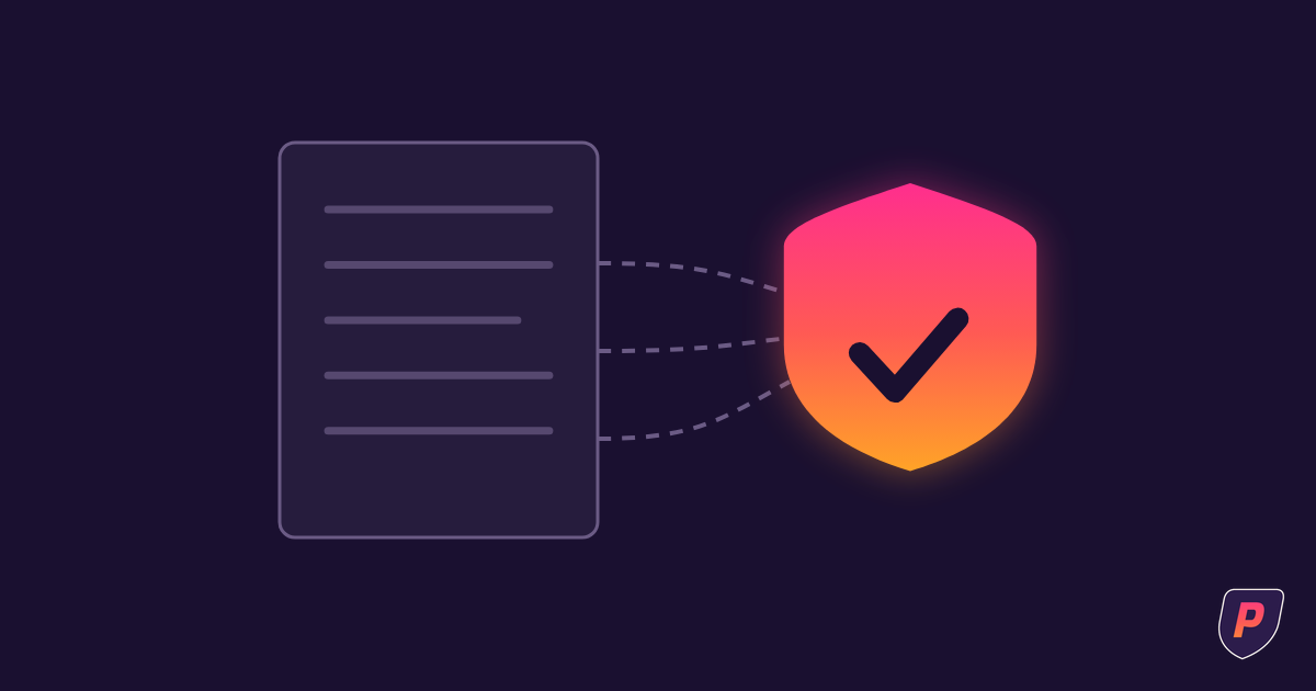 Illustration of a contract document with flow-down lines feeding into a sunset gradient shield with a checkmark