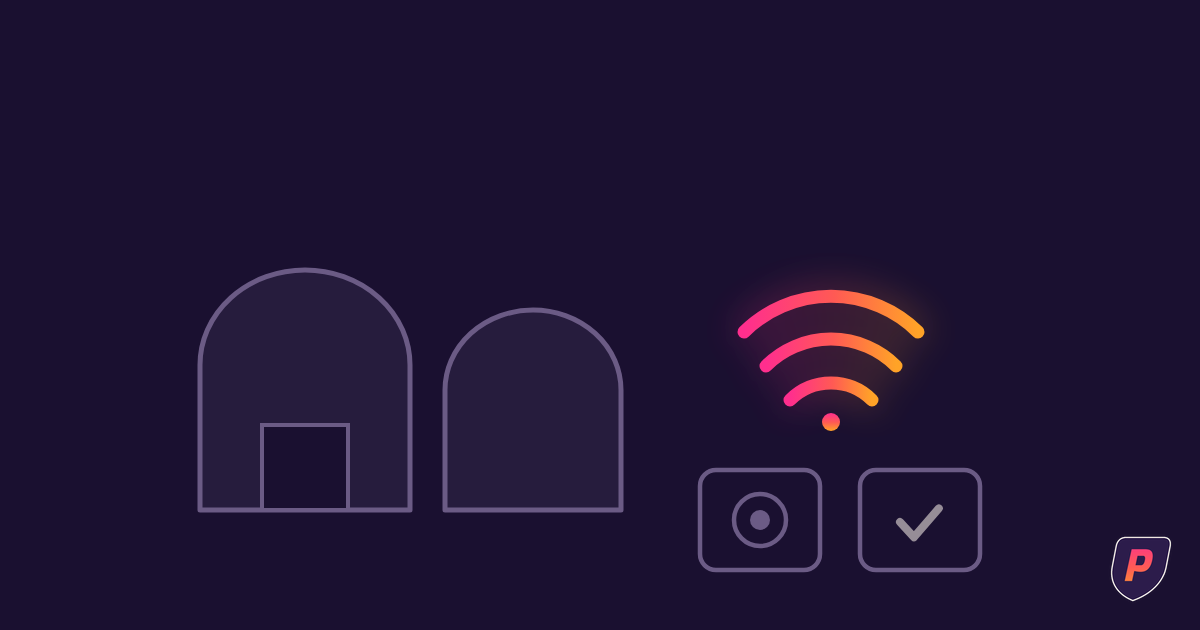 Illustration of hangar silhouettes beside tiered sunset WiFi arcs, a camera lens tile, and a checkmark tile