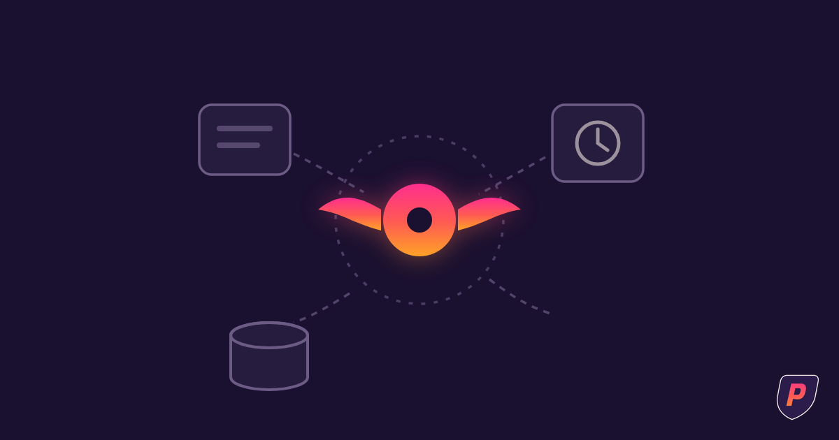 Illustration of a winged agent core orbited by a message tile, a scheduled-task clock, and a memory cylinder