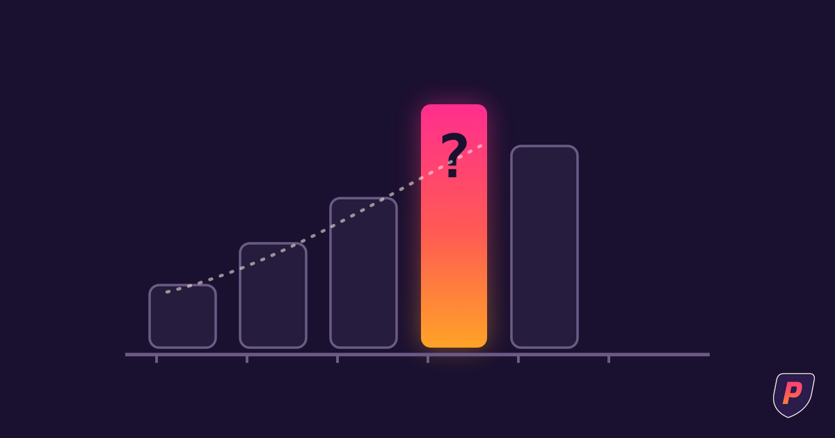 Illustration of an ascending bar chart where the tallest bar is a bright gradient column marked with a question mark