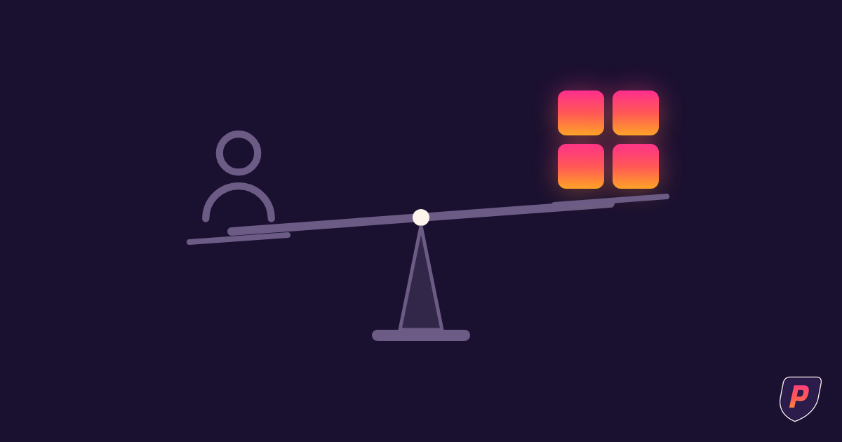 Illustration of one salaried figure balanced against a team of smaller service tiles in sunset gradient