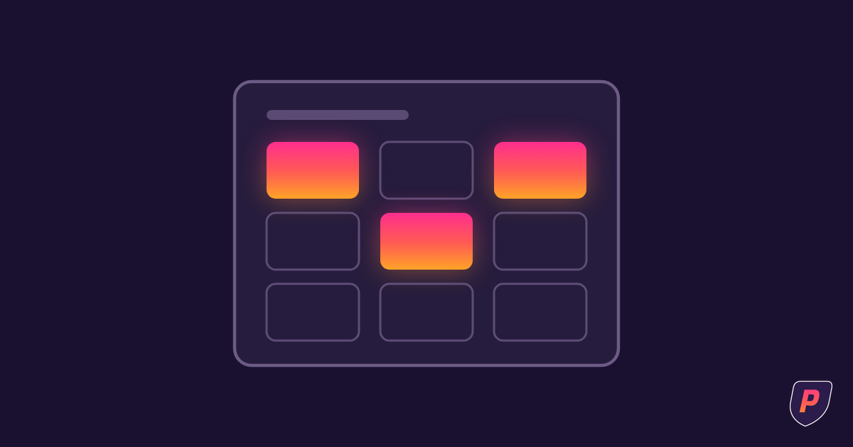 Illustration of a license card containing a grid of nine feature cells with only three lit in sunset gradient