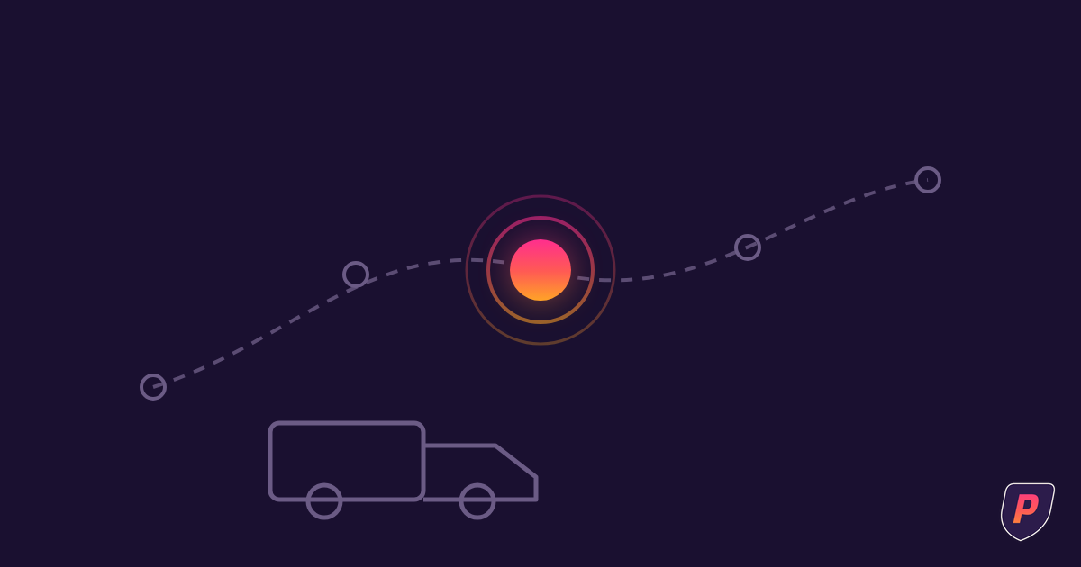 Illustration of a freight route with waypoint nodes where the central node glows in sunset gradient with pulse rings beside a truck outline