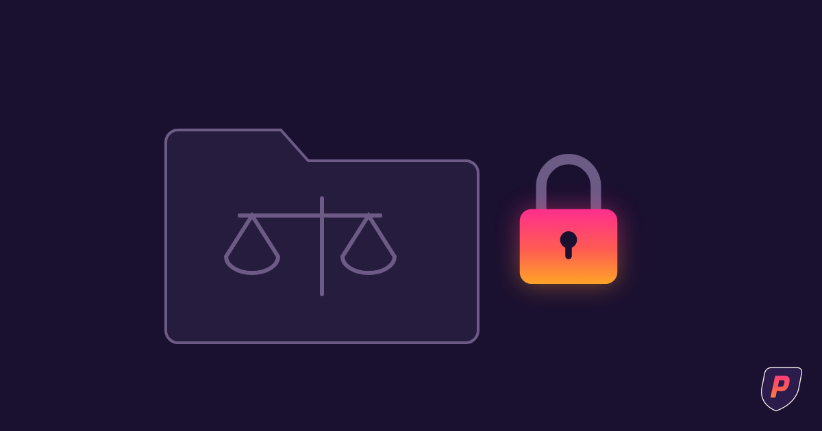 Illustration of a document folder with a balance-scale glyph secured by a large sunset gradient padlock