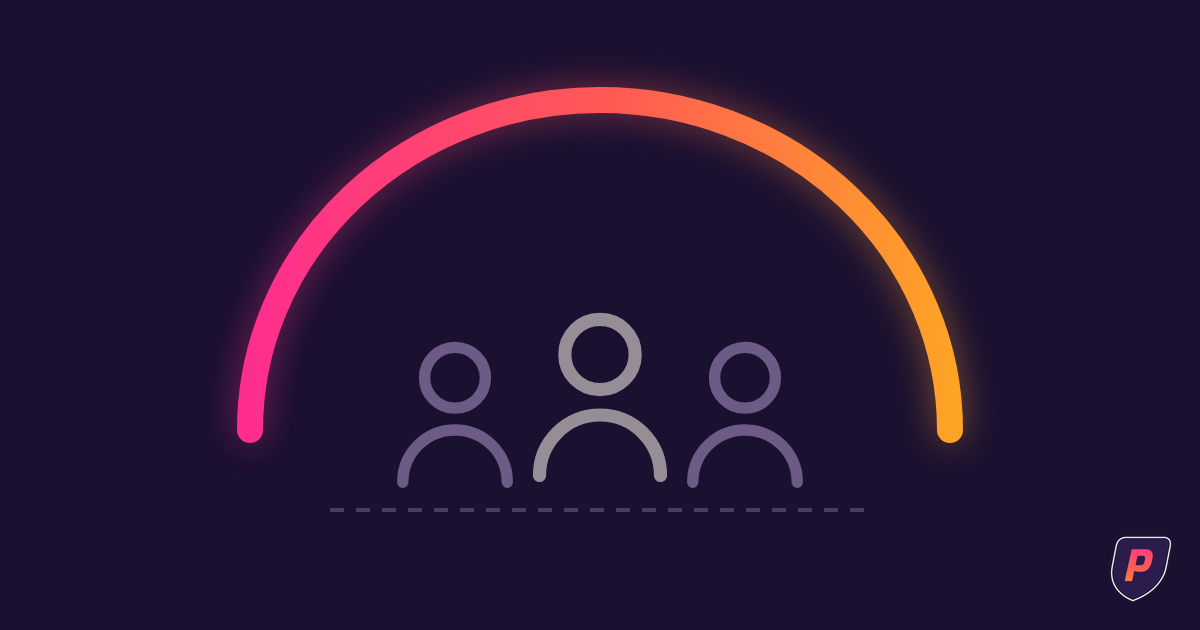 Illustration of a sunset gradient arc sheltering three people icons like a protective canopy