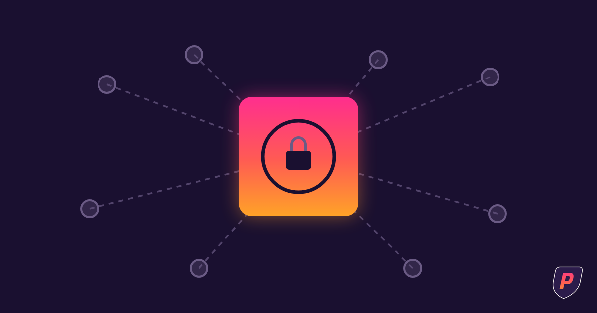 Illustration of scattered data nodes connected by dashed lines to a central gradient vault with a padlock