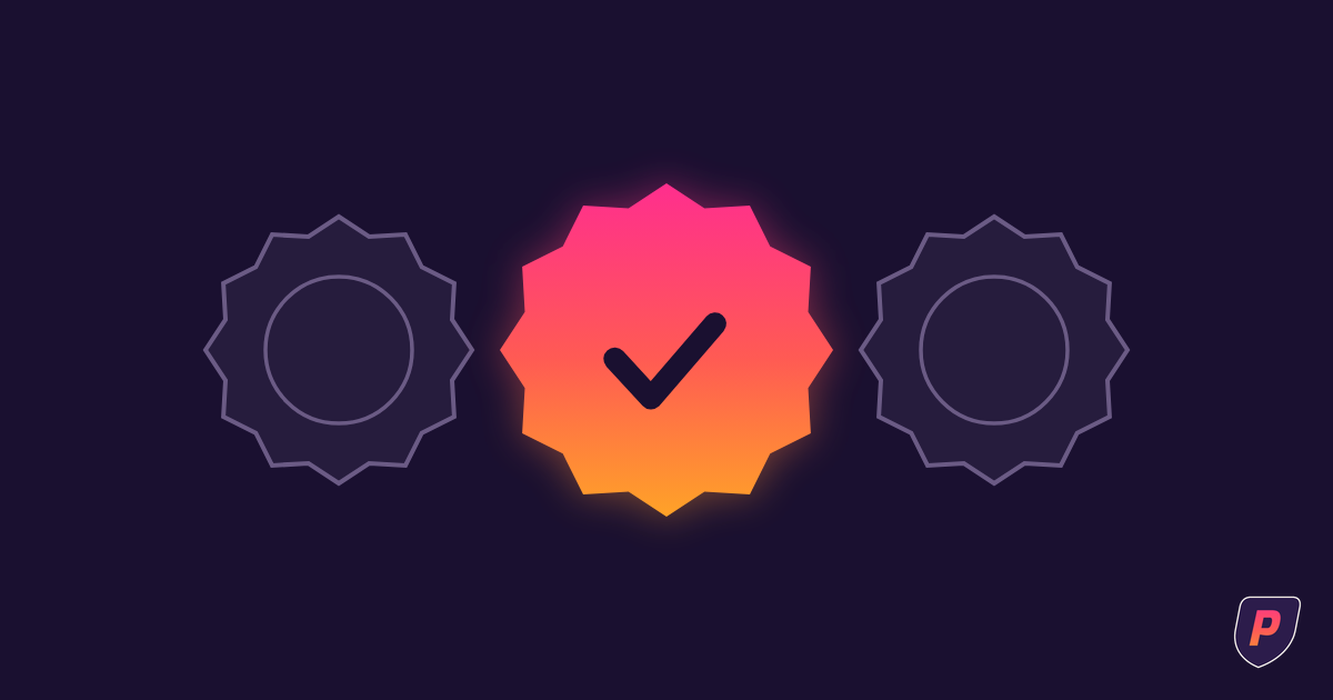 Illustration of three certification seals in a row with the center seal glowing in sunset gradient around a checkmark