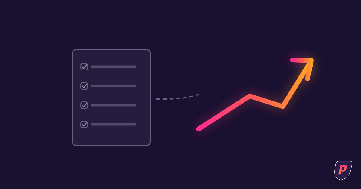 Illustration of a checklist document feeding into a rising sunset gradient arrow