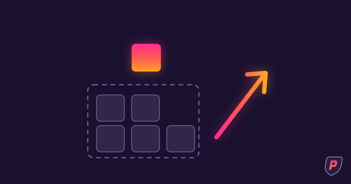 Illustration of tiles stacking beyond a small dashed container, with the topmost tile glowing in sunset gradient beside a rising arrow