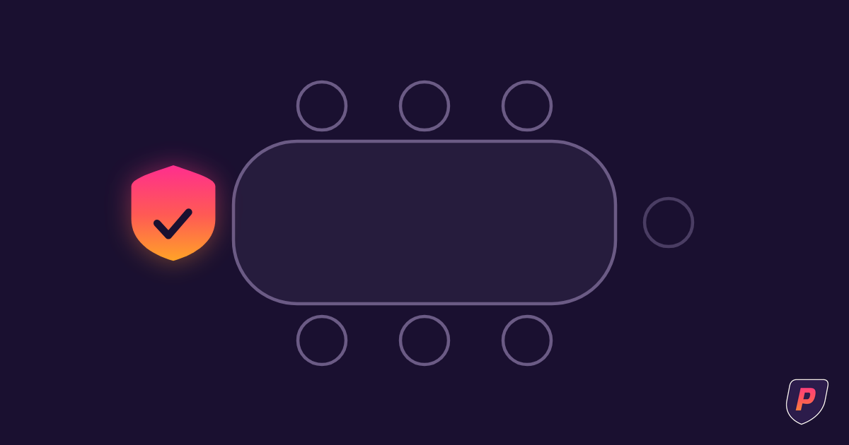 Illustration of a boardroom table viewed from above with outlined seats and a sunset gradient shield at the head position