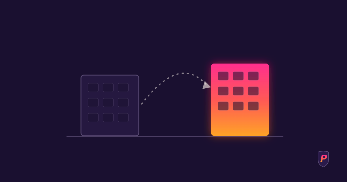 Illustration of an outlined office building with a dotted path leading to a second building glowing in sunset gradient
