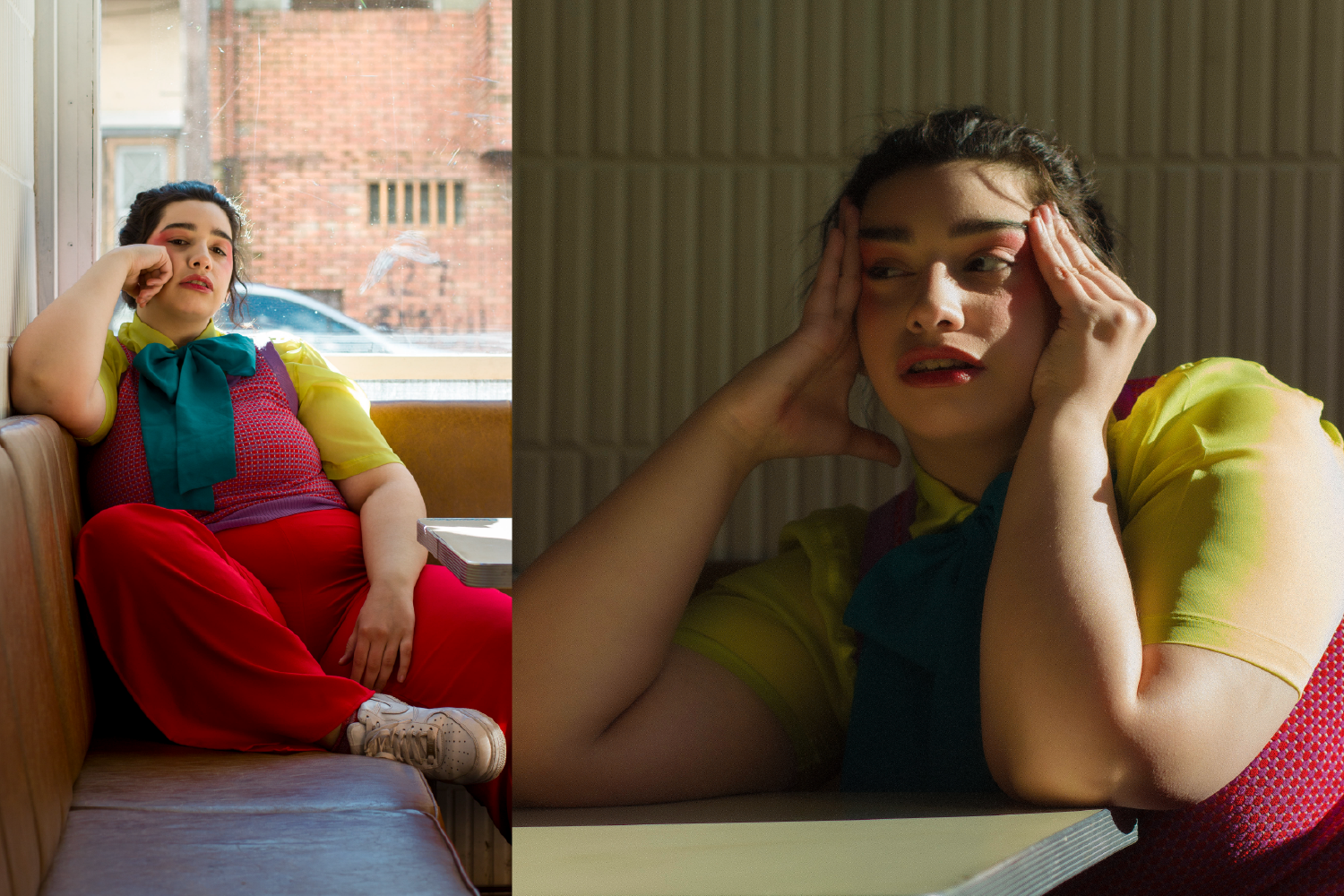 Two side by side pictures of influencer Online Mami posing in an editorial photoshoot