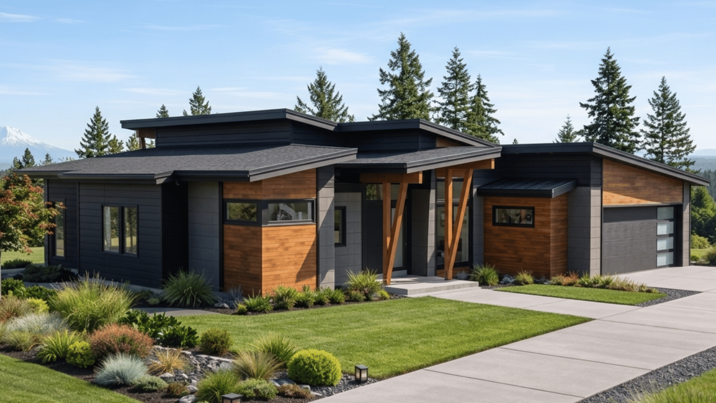 Douglas Fir Estate - exterior rendering of a 2,543 sq ft single-story modern prairie home with a vaulted covered patio