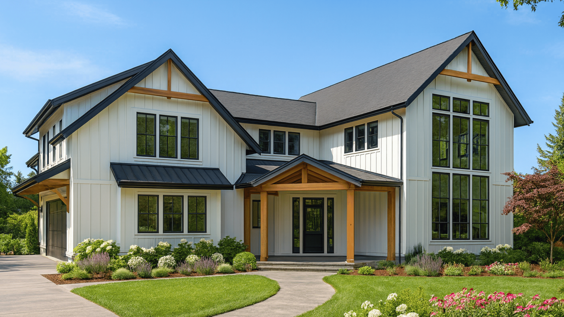 Glass Gable - exterior rendering of a 2,642 sq ft two-story modern farmhouse with window walls and a vaulted covered entry