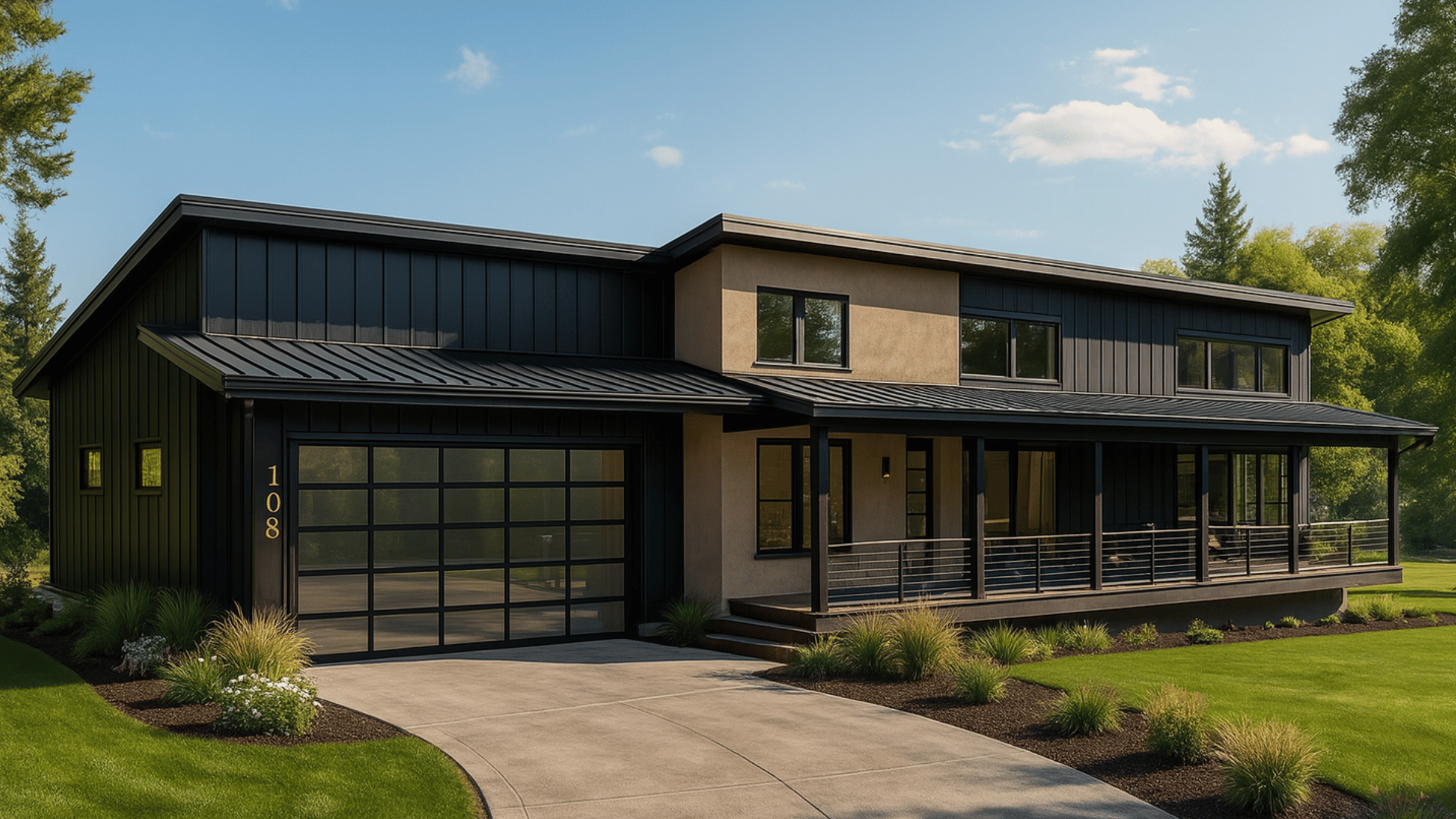 The Sable Vista - exterior rendering of a 1,499 sq ft single-story Scandinavian modern home